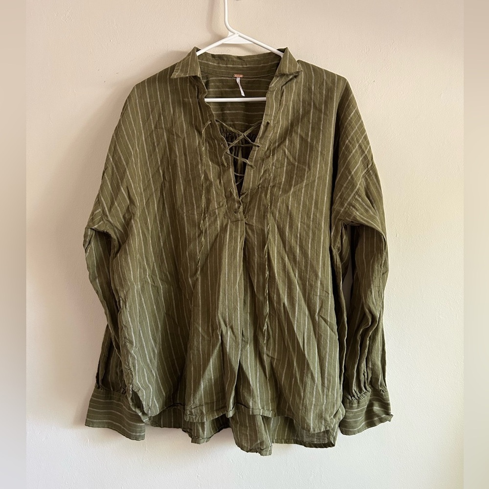 Free People Green Pullover Linen Blend Top Size Medium